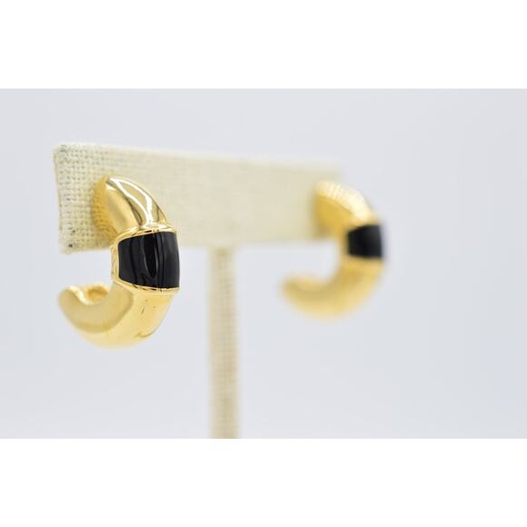 Givenchy Vintage Earrings Black Enamel Chunky Hoop Heavy Gold Signed 1980s 9C - Picture 4 of 11